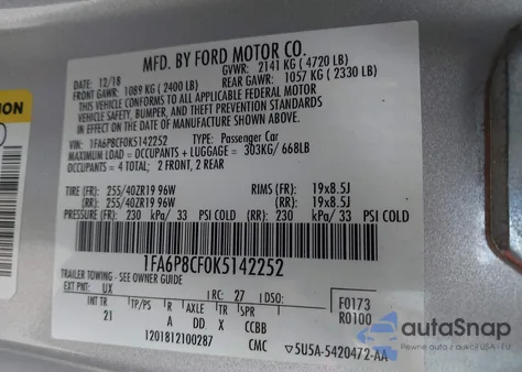 2019 Ford Mustang Gt z USA, uszkodzony, nr VIN 1FA6P8CF0K5142252